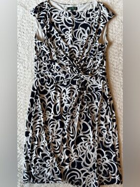Ralph Lauren Black & White Knot-Front Midi Dress